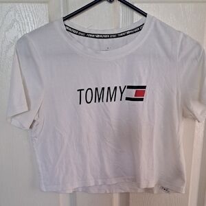 Tommy Hilfiger White Crop Tee with Black & Red Logo
